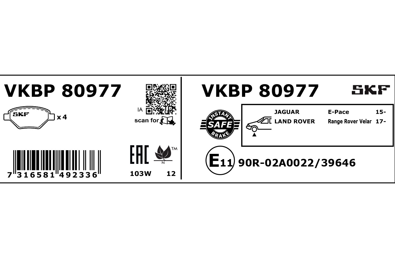 SKF VKBP 80977 Bremsbelagsatz, Scheibenbremse